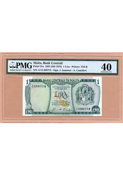Malta 1 Lira 1967 (1973) Pick # 31A Pmg 40 Vf Ççt Sertifikali Banknot