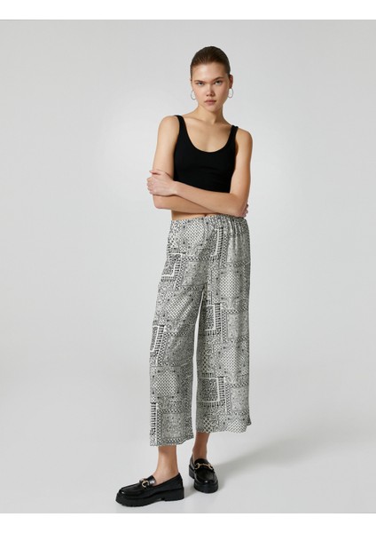Bol Paça Rahat Kesim Pantolon Geometrik Desenli Beli Lastikli Viskoz Kumaş Karışımlı