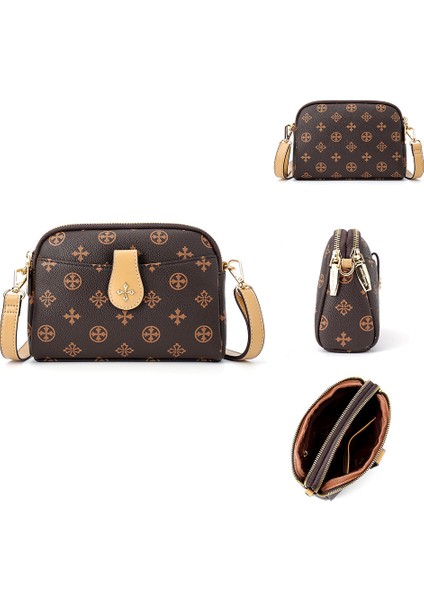 Eski Desen Çift Fermuarlı Kadın Çanta Moda Crossbody Omuz Çantası (Yurt Dışından)