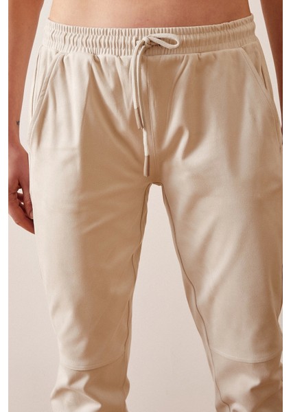 Paçası Lastikli Süet Pantolon Krem
