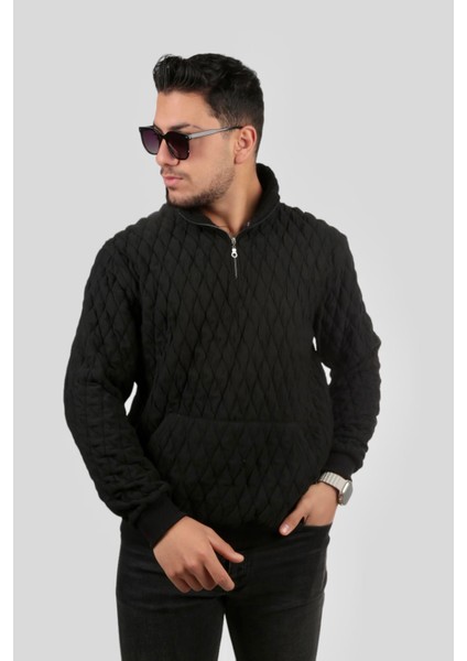 Siyah Kapitone Detaylı Regular Fit Sweatshirt