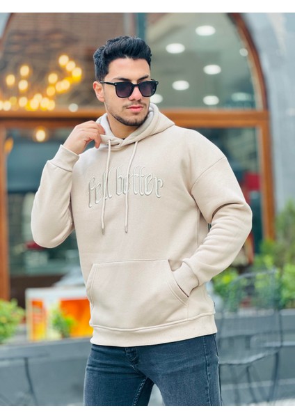 Bej Fell Better Nakışlı Kapşonlu Üç Iplik Oversize Sweatshirt