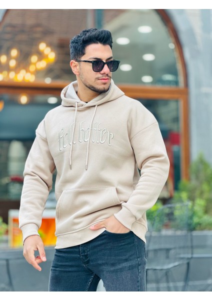 Bej Fell Better Nakışlı Kapşonlu Üç Iplik Oversize Sweatshirt