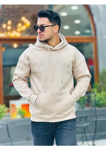Bej Fell Better Nakışlı Kapşonlu Üç Iplik Oversize Sweatshirt