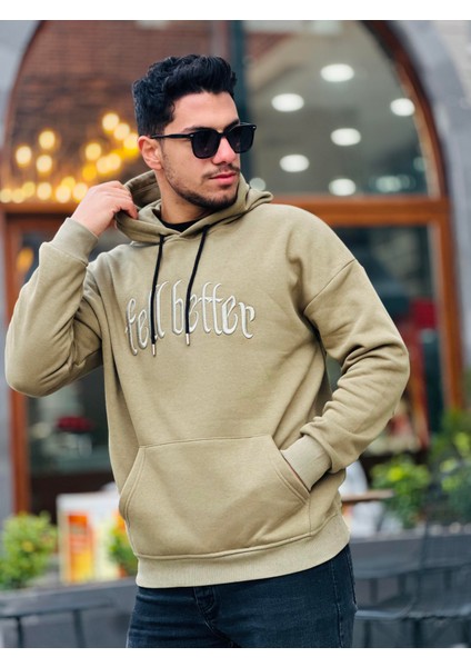 Haki Fell Better Nakışlı Kapşonlu Üç Iplik Oversize Sweatshirt