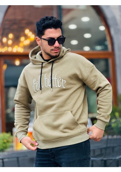 Haki Fell Better Nakışlı Kapşonlu Üç Iplik Oversize Sweatshirt modelleri