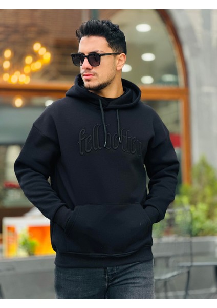 Siyah Fell Better Nakışlı Kapşonlu Üç Iplik Oversize Sweatshirt