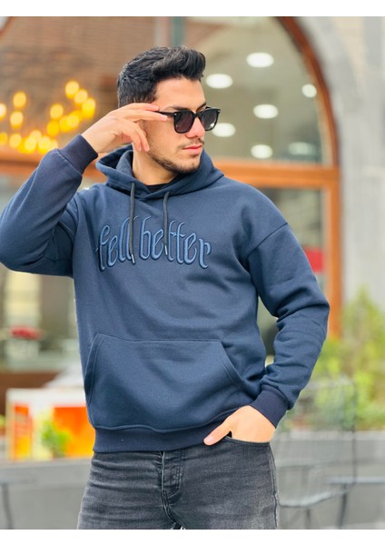 Lacivert Fell Better Nakışlı Kapşonlu Üç Iplik Oversize Sweatshirt