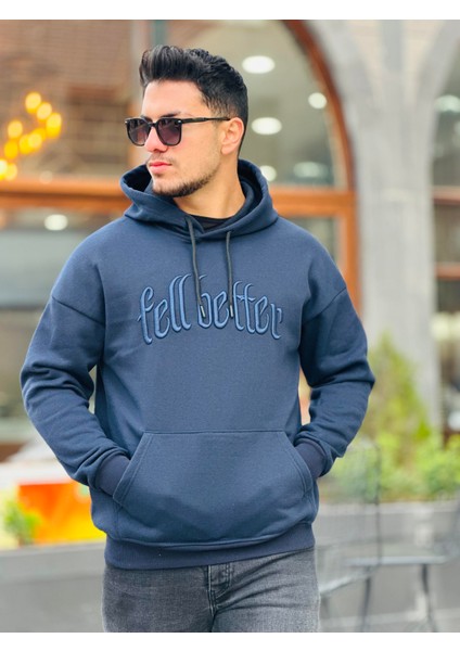 Lacivert Fell Better Nakışlı Kapşonlu Üç Iplik Oversize Sweatshirt