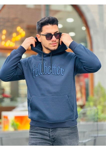 Lacivert Fell Better Nakışlı Kapşonlu Üç Iplik Oversize Sweatshirt