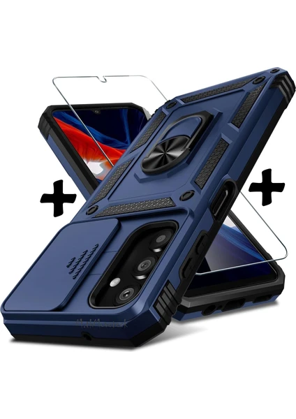 MTK Moveteck Samsung Galaxy A05S Kılıf Kamera Korumalı Sürgülü Yüzüklü Armor Military Zırh Tank Yüzüklü Standlı Kılıf ve Ekran Koruyucu Cam 2'li Set Kızaklı