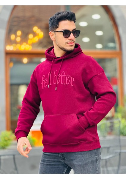 Bordo Fell Better Nakışlı Kapşonlu Üç Iplik Oversize Sweatshirt