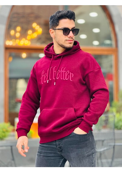 Bordo Fell Better Nakışlı Kapşonlu Üç Iplik Oversize Sweatshirt modelleri