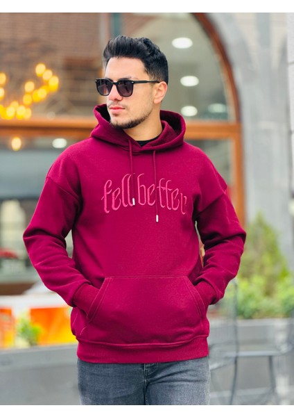 Bordo Fell Better Nakışlı Kapşonlu Üç Iplik Oversize Sweatshirt fırsatları