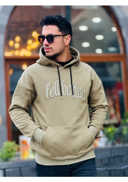 Haki Fell Better Nakışlı Kapşonlu Üç Iplik Oversize Sweatshirt