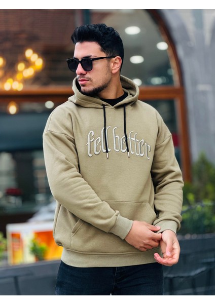 Haki Fell Better Nakışlı Kapşonlu Üç Iplik Oversize Sweatshirt