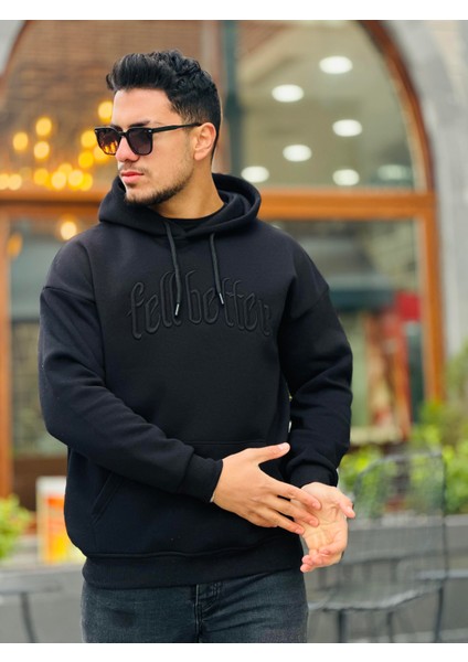 Siyah Fell Better Nakışlı Kapşonlu Üç Iplik Oversize Sweatshirt