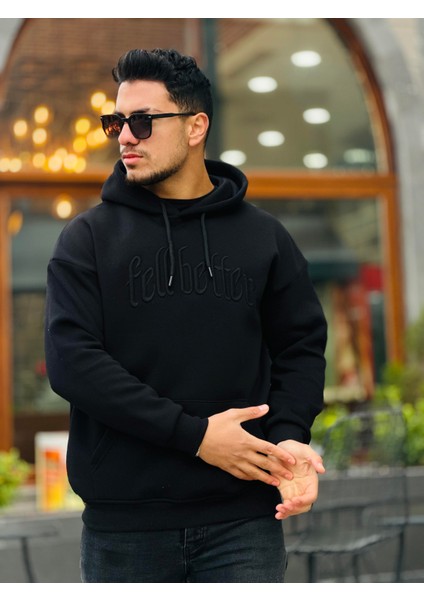 Siyah Fell Better Nakışlı Kapşonlu Üç Iplik Oversize Sweatshirt