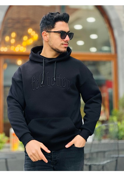 Siyah Fell Better Nakışlı Kapşonlu Üç Iplik Oversize Sweatshirt