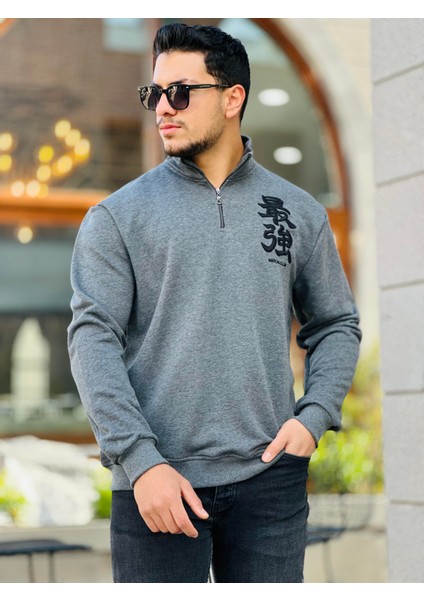 Antrasit Üç Iplik Fermuarlı Nakış Detaylı Regular Fit Sweatshirt