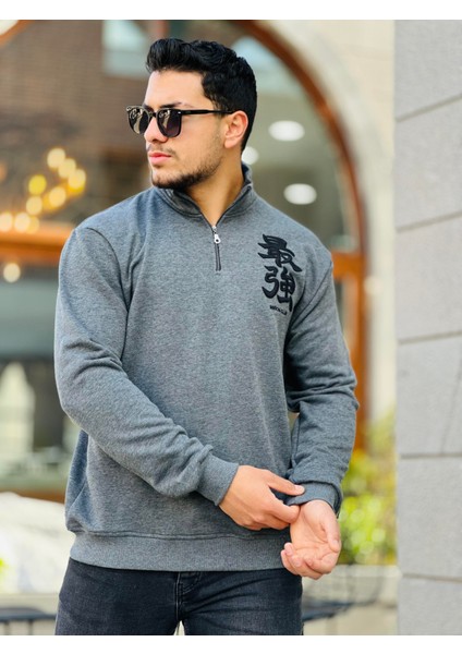 Antrasit Üç Iplik Fermuarlı Nakış Detaylı Regular Fit Sweatshirt