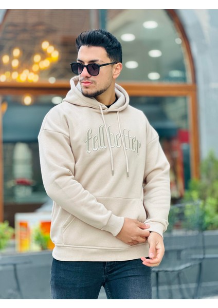 Bej Fell Better Nakışlı Kapşonlu Üç Iplik Oversize Sweatshirt