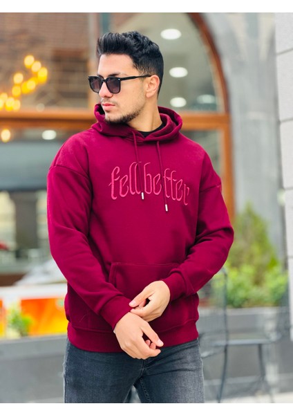 Bordo Fell Better Nakışlı Kapşonlu Üç Iplik Oversize Sweatshirt