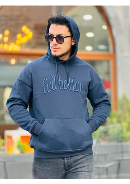 Lacivert Fell Better Nakışlı Kapşonlu Üç Iplik Oversize Sweatshirt