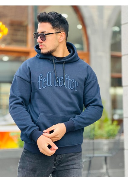 Lacivert Fell Better Nakışlı Kapşonlu Üç Iplik Oversize Sweatshirt