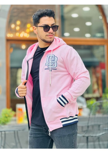 Pembe Unisex Nakışlı Üç Iplik Kapşonlu Tam Fermuarlı Regular Fit Hırka