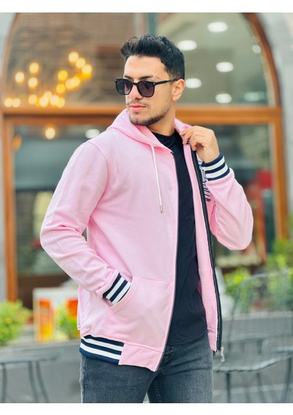 Pembe Unisex Nakışlı Üç Iplik Kapşonlu Tam Fermuarlı Regular Fit Hırka