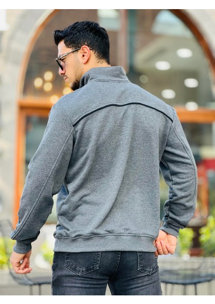 Antrasit Üç Iplik Fermuarlı Nakış Detaylı Regular Fit Sweatshirt