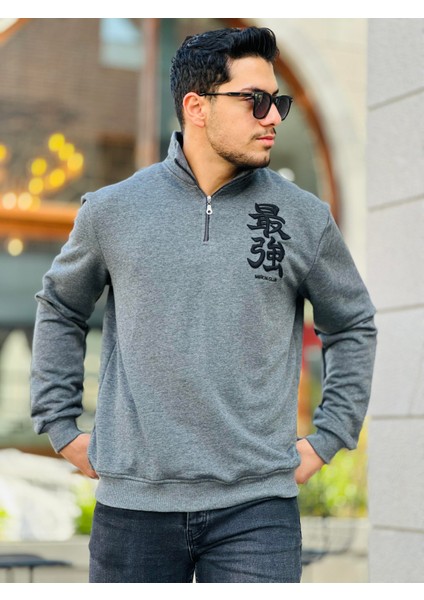 Antrasit Üç Iplik Fermuarlı Nakış Detaylı Regular Fit Sweatshirt