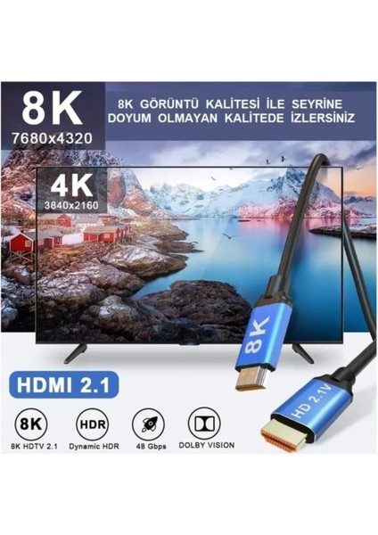 8k Destekli 1.8m HDMI Kablo 2.1V 8k Ultra Hd 7680*4320P