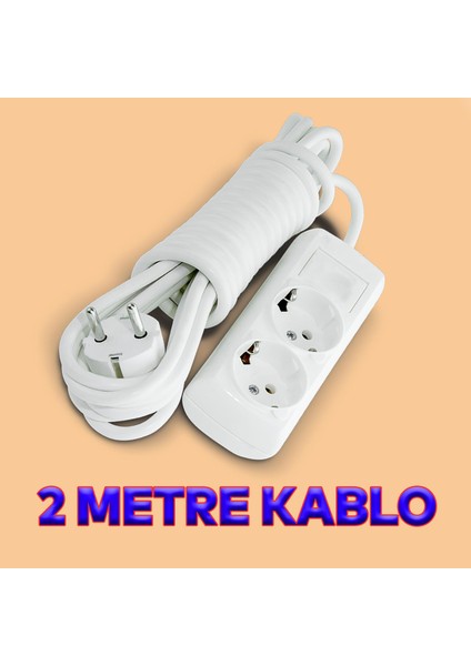 Topraklı Kablolu 2'li Grup Priz Fiş Çoğaltıcı 2 Metre Çoklu Asmalı Uzatma Kablosu Anahtarsız