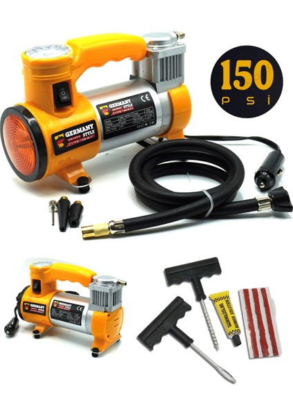 Germany Style 12 V Araba Oto Araç Lastik Şişirme Pompası 150 Psi Metal Gövde  Kompresör Lastik Tamir Kiti Set