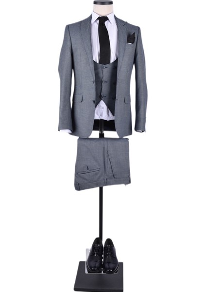 7010 Clishe Slim Fit 6 Drop Yelekli Takım Elbise/açık Lacivert/48