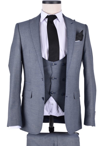 7010 Clishe Slim Fit 6 Drop Yelekli Takım Elbise/açık Lacivert/48