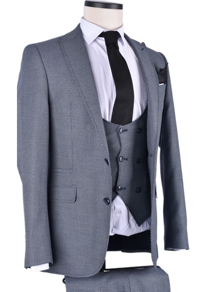 7010 Clishe Slim Fit 6 Drop Yelekli Takım Elbise/açık Lacivert/48