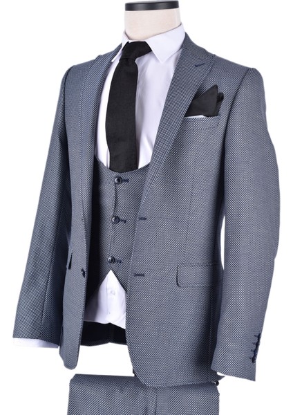 7010 Clishe Slim Fit 6 Drop Yelekli Takım Elbise/açık Lacivert/48