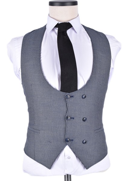 7010 Clishe Slim Fit 6 Drop Yelekli Takım Elbise/açık Lacivert/48