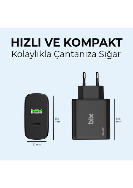 BX2P45G Gan Pd 45W Type-C ve Usb-A Qc Pps Çift Portlu Akım Korumalı Hızlı Şarj Cihazı Siyah iPhone Samsung Laptop Tablet Akıllı Saat ve Daha Fazlasıyla Uyumlu