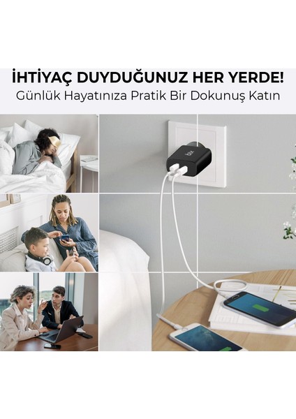 BX2P45G Gan Pd 45W Type-C ve Usb-A Qc Pps Çift Portlu Akım Korumalı Hızlı Şarj Cihazı Siyah iPhone Samsung Laptop Tablet Akıllı Saat ve Daha Fazlasıyla Uyumlu