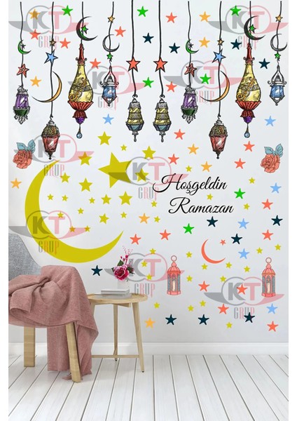 Hoşgeldin Ramazan Renkli Fener Sarkıt Cam Duvar Dekorasyon Sticker Seti - Ramazan Süsü Bayram Süsü