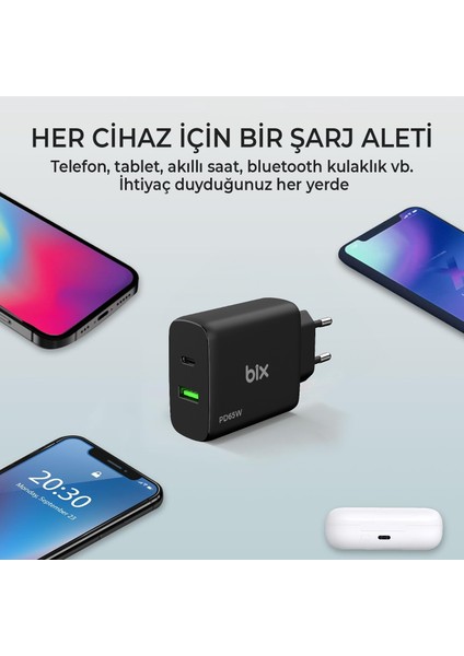 BX2P65G Gan Pd 65W Type-C ve Usb-A Qc Çift Portlu Akım Korumalı Hızlı Şarj Cihazı Siyah