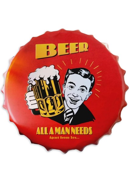 Cajuart Retro 35 cm Kapak Şeklinde Beer Bira Tema Metal Tablo Dekor