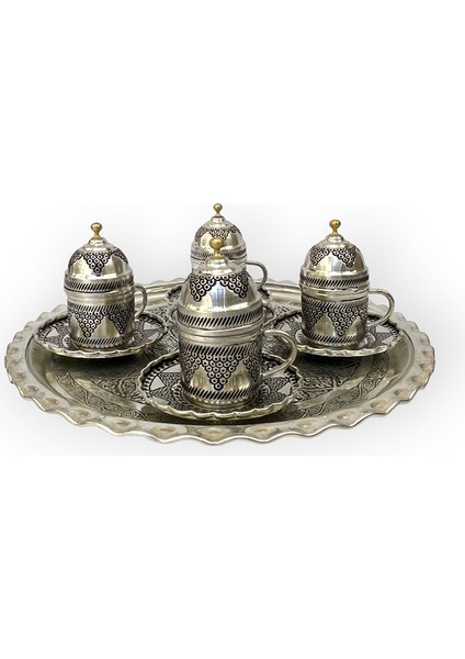 Dört Kişilik Salkım Desenli Bakır Kahve Seti