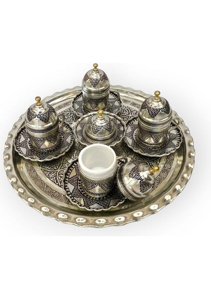 Dört Kişilik Salkım Desenli Bakır Kahve Seti modelleri