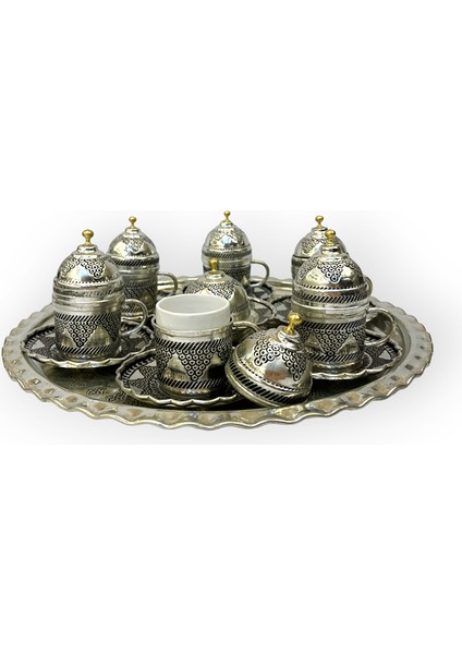 Altı Kişilik Salkım Desenli Bakır Kahve Seti