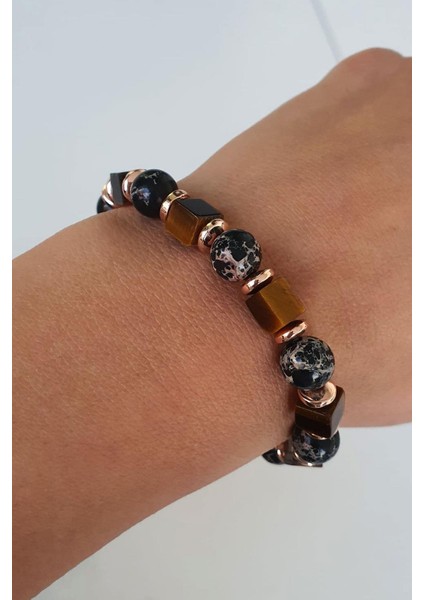 Oniks Hematit ve Kaplan Gözü Taşlı El Işi Doğal Taş Bileklik